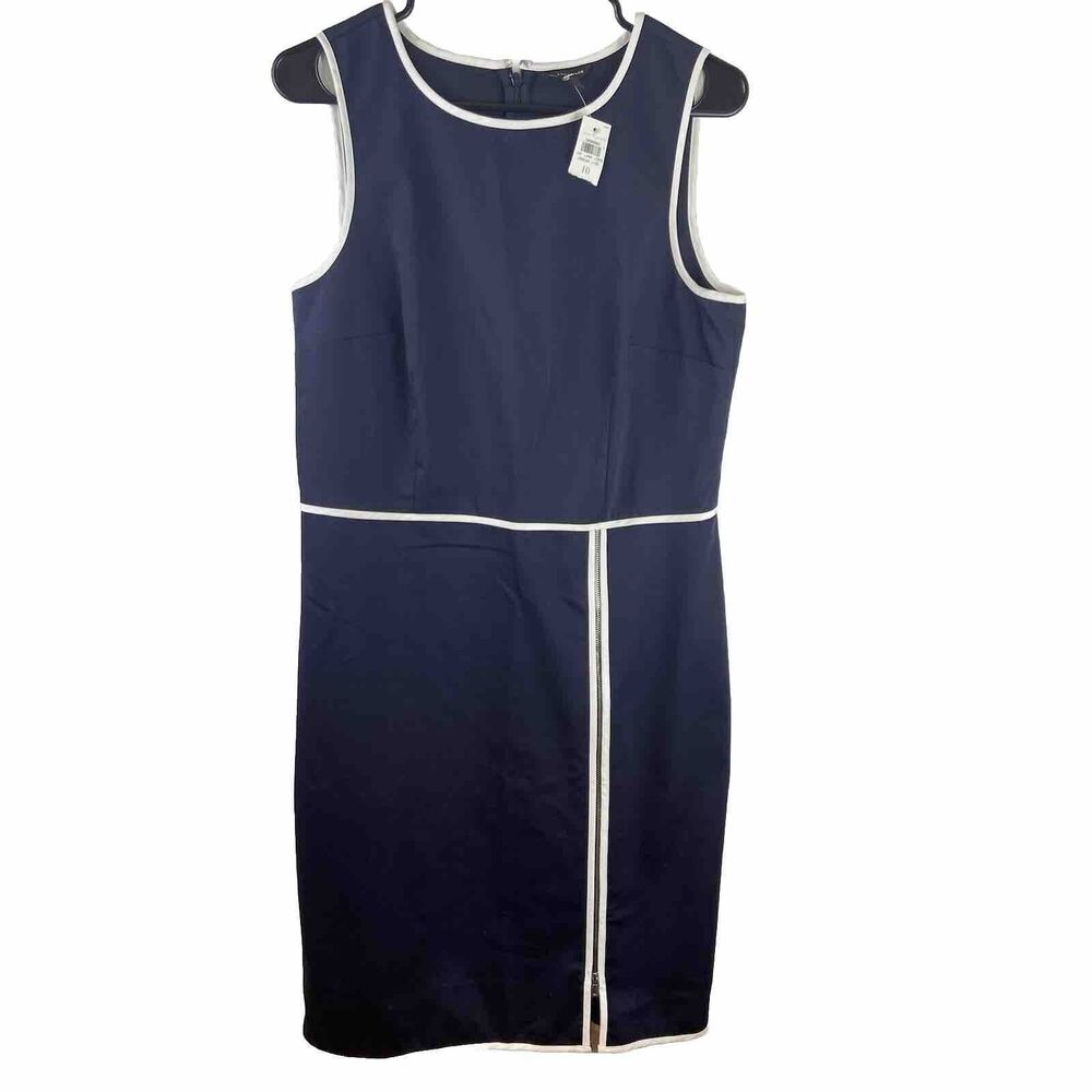 Ann Taylor Dress Womens Size 10 Tank Pencil Dress Career Navy White Zip Front
